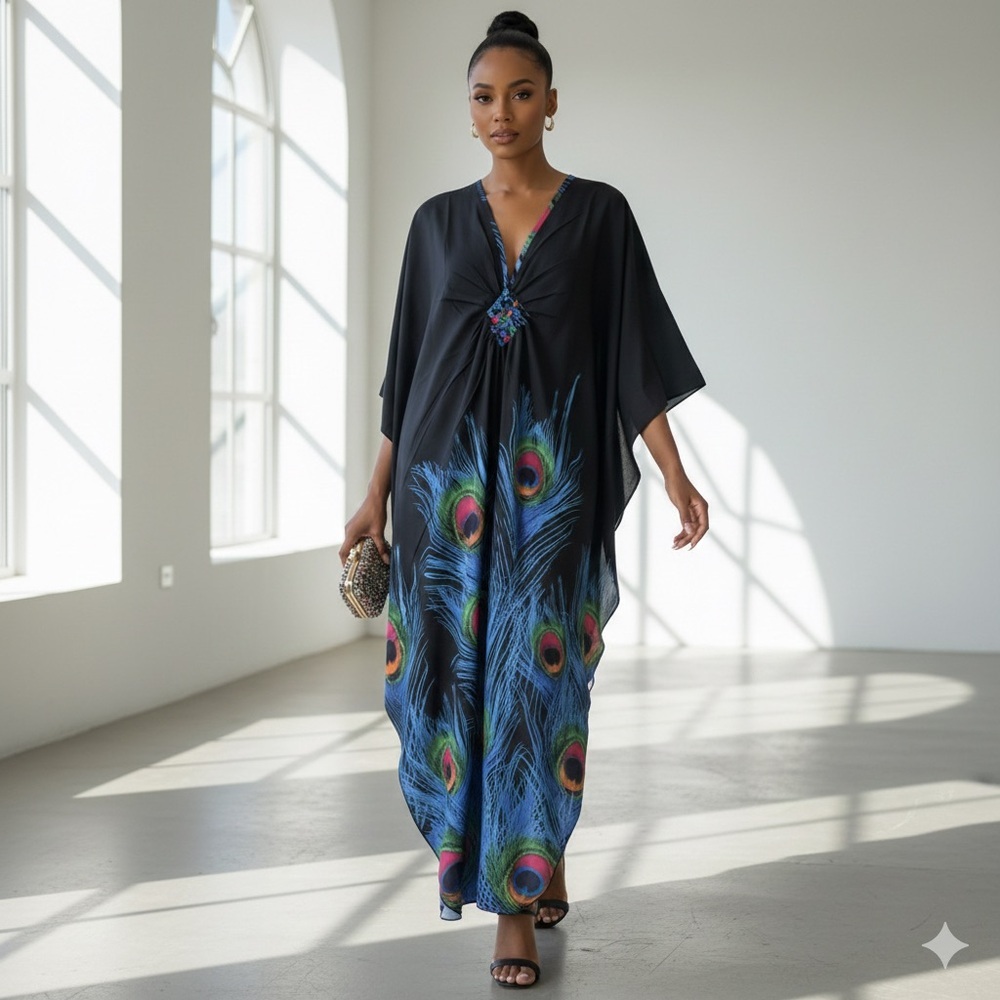 👉 New Arrivals Stunning Peacock Feather Print Kaftan | One Size (Boutique)